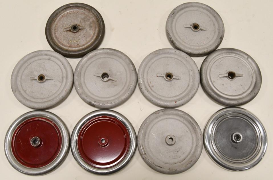 (10) Buddy L Aluminum Wheels: Lot of 10 Buddy L aluminum wheels. They have waer from age and use. Measures 4 1/4" in diameter.