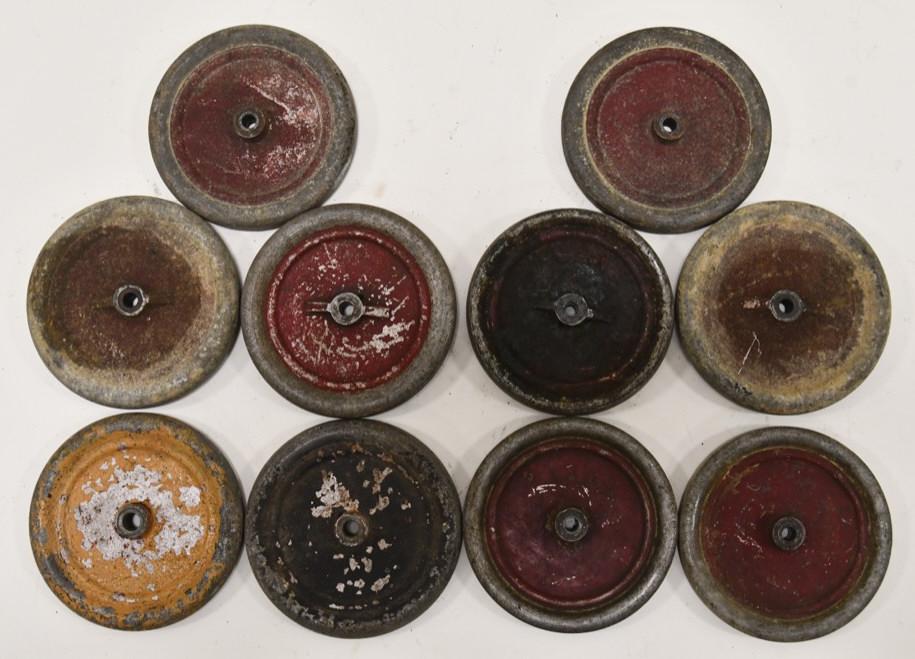 (10) Buddy L Aluminum Wheels: Lot of 10 Buddy L aluminum wheels. They have waer from age and use. Measures 4 1/4" in diameter.