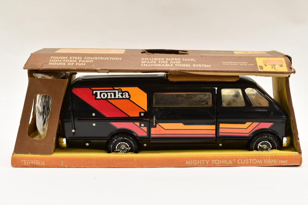 Mighty Tonka Custom Van No. 3985: Mighty Tonka custom van no. 3985 with the original box. Box has wear from storage and display. Has some dust and dirt. Box measures approximately 23" long.