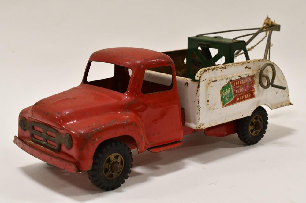 Buddy L Emergency Auto Wrecker Tow Truck: Original Buddy L Emergency Auto Wrecker tow truck. Displays nicely with paint loss and wear from play and age. Measures approximately 16" long.