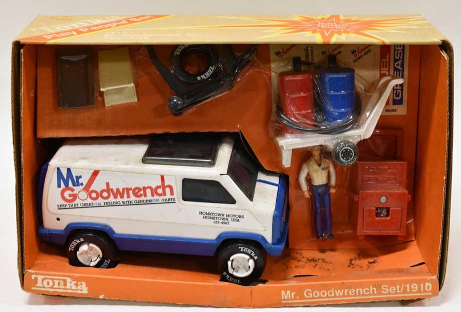 1982 Tonka Mr. Goodwrench Set No. 1910: 1982 Tonka Mr. Goodwrench Set no. 1910 in the original box. The box has some water damage and wear from storage and display. Box measures approximately 14 1/2" long.