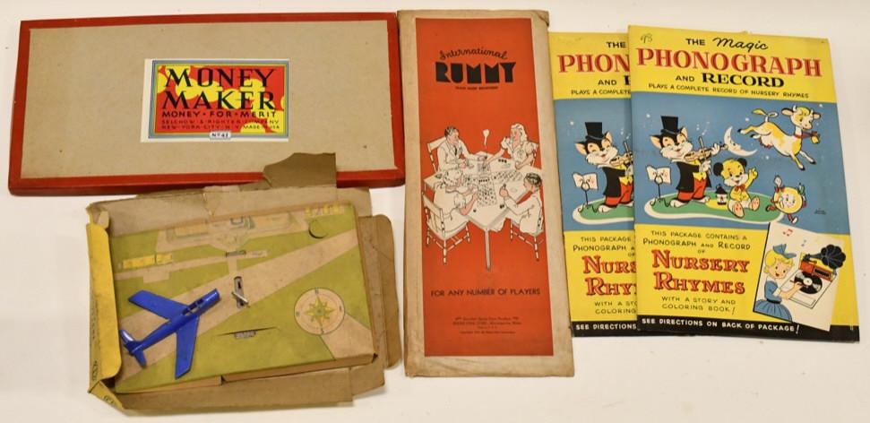 Lot of Vintage Board Games, Toys and More: Lot of vintage games, records, and kids toys. Includes International Rummy, Money Maker game, phonographs and records, and more.
