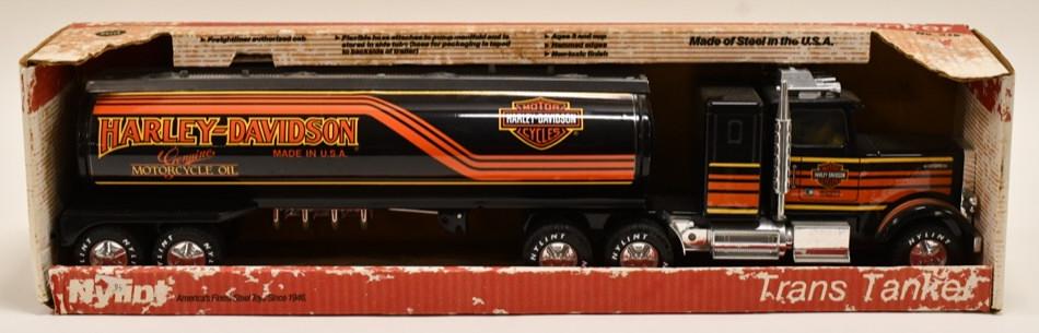 Nylint Freightliner Harley Davidson Tanker Truck: Nylint Freightliner Harley Davidson truck and tanker trailer in the box. Nice condition with some wear from storage and display. Measures approximately 26" long.