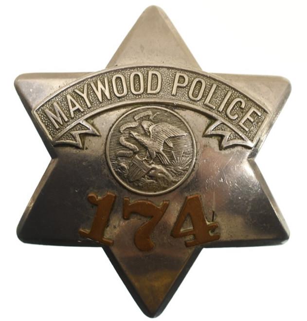 Obsolete Maywood Police Pie Plate Badge No. 174: Nice early obsolete Maywood Illinois Police "Pie Plate" badge no.174 with copper numbers. Badge is in nice condition with wear from use and age. Has pinback. Back is marked "C.H. Hanson". It measures