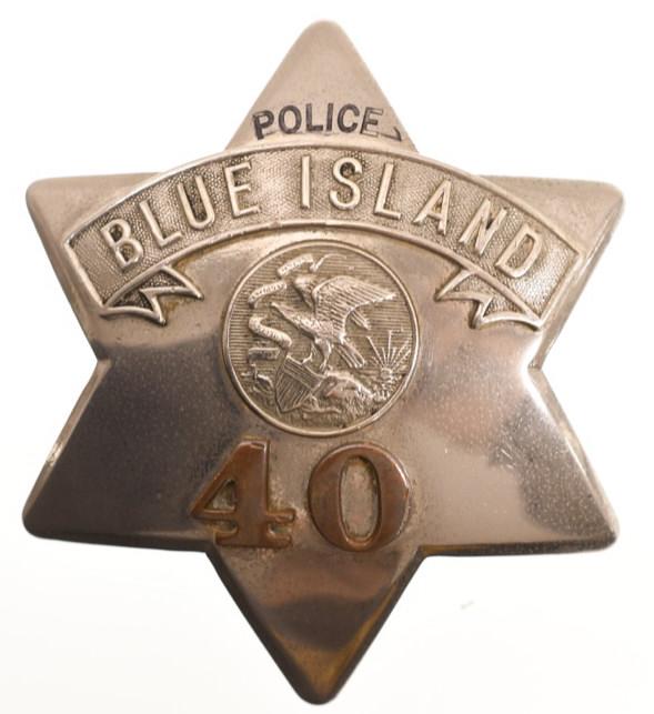 Early Obsolete Blue Island Police Pie Plate Badge: Nice early obsolete Blue Island Illinois Police "Pie Plate" badge no.40 with copper numbers. Badge is in nice condition with wear from use and age. Has pinback. Back is marked "C.H. Hanson Chicago". I