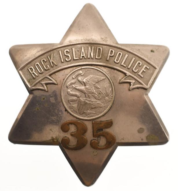 Early Obsolete Rock Island Police Pie Plate Badge: Nice early obsolete Rock Island Illinois Police "Pie Plate" badge no.35 with copper numbers. Badge is in nice condition with wear from use and age. Has pinback. Back is unmarked. It measures approxima