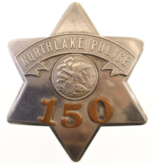 Obsolete Northlake ILL Police Pie Plate Badge: Nice early obsolete Northlake Illinois Police "Pie Plate" badge no.150 with copper numbers. Badge is in nice condition with wear from use and age. Has pinback. Back is marked "C.H.Hanson Chicago". It
