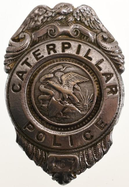 Obsolete Caterpillar Police Badge No.167: Nice obsolete Illinois Caterpillar police badge no. 167. NIce condition with plate loss and wear from use and age. Back is unmarked. IT measures approximately 2-3/4" tall by 1-3/4" across.