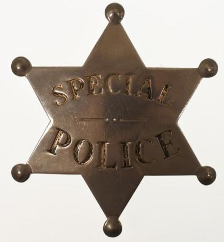 Early Obsolete 6-Point Star Special Police Badge: Nice early obsolete 6-Point Star Special Police badge. Badge is in good condition with plate loss and wear from use and age. Has pinback. Back is unmarked. It measures approximately 2-1/2" tall by 2" 