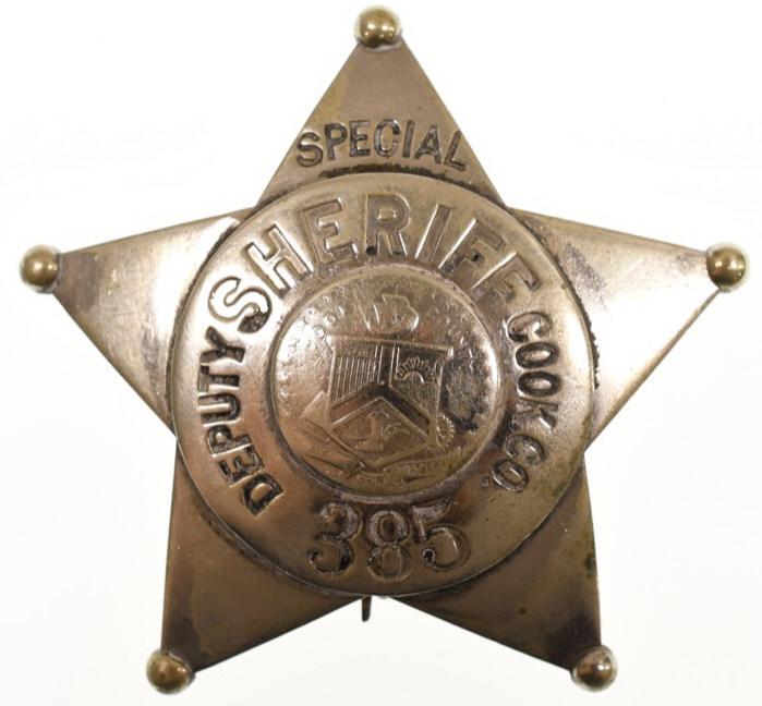 Obsolete Cook County Special Deputy Sheriff Badge: Nice obsolete five-point star Cook County Illinois Special Deputy Sheriff Badge #385. Badge is in good condition with pinback, has some age and surface wear, pinback has been replaced. Back is maker m
