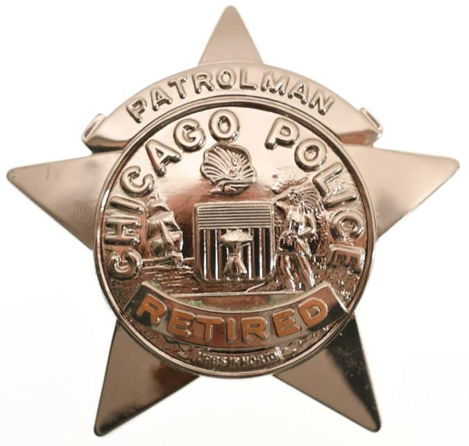 Obsolete Chicago Police Retired Patrolman Badge: Nice obsolete Chicago Illinois PoliceRetired Patrolman badge. Badge is in nice condition with pinback. Back is marked "Blackinton". Badge measures approximately 2-3/4" tall by 2-3/4" wide.