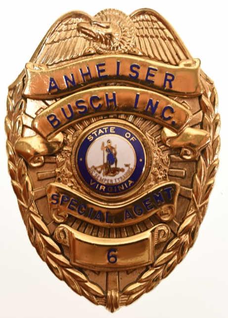 Obsolete Anheiser Busch Special Agent Badge: Nice obsolete Anheiser Busch Special Agent Virginia Badge No.6. Nice condition with clip back. Back is marked "Hi-Glo". Badge measures approximately 3" tall by 2" across.