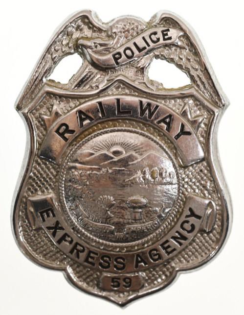 Obsolete Railway Express Agency Police Badge: Nice obsolete Railway Express Agency Police Badge no.59. Nice condition with pinback. Back is unmarked. Badge measures approximately 2-1/2" tall by 1-3/4" across.
