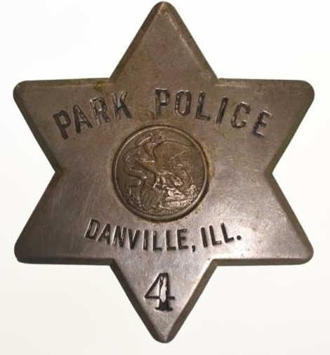 Obsolete Danville ILL. Park Police Pie Plate Badge: Nice obsolete Danville Illinois Park Police Pie Plate Badge no.4 . Badge is in fair condition with plate loss, corrosion, and wear from use and age. Back is marked "Dayton Stencil Wks". It measures ap