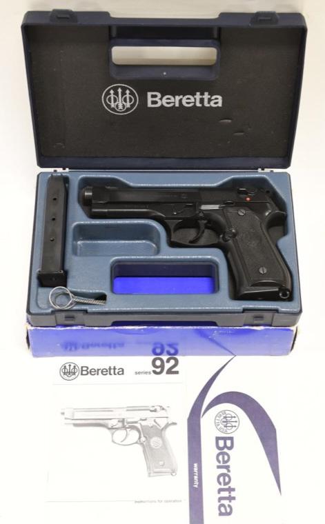 Beretta Model 92F 9mm Semi-Auto Pistol In Box: Near new in box Beretta Model 92F semi-automatic pistol in 9mm. The pistol has a 5" barrel and is in near new condition in the original box with instructions, extra mag, and cleaning tool. SN: BER0390