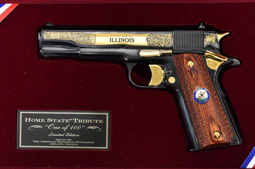 Colt 1911-A1 Illinois "Home State Tribute" Pistol: Beautiful American Historical Foundation issue custom Colt 1911-1A Illinois "Home State Tribute" commemorative semi-automatic pistol in .45 Auto. The limited edition pistol is in new unfired condition