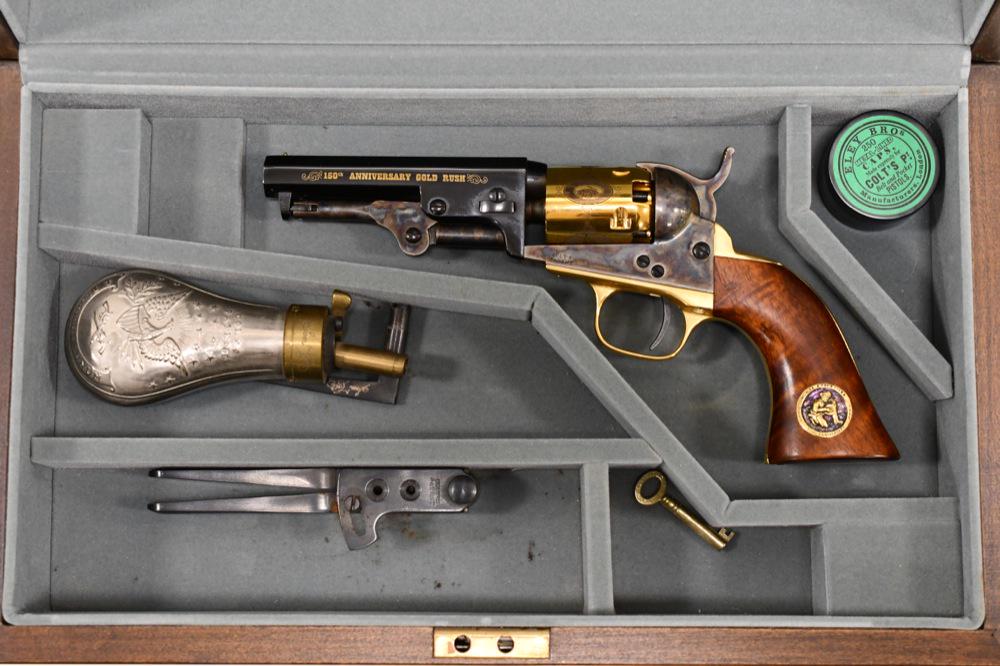 Colt 1849 Pocket 150th Anniv. Gold Rush Revolver: Beautiful Signature Series Colt 150th Anniversary Gold Rush Model 1849 Pocket Cap & Ball Revolver in .31 Cal. The limited edition revolver is in beautiful condition in the original presentation case w