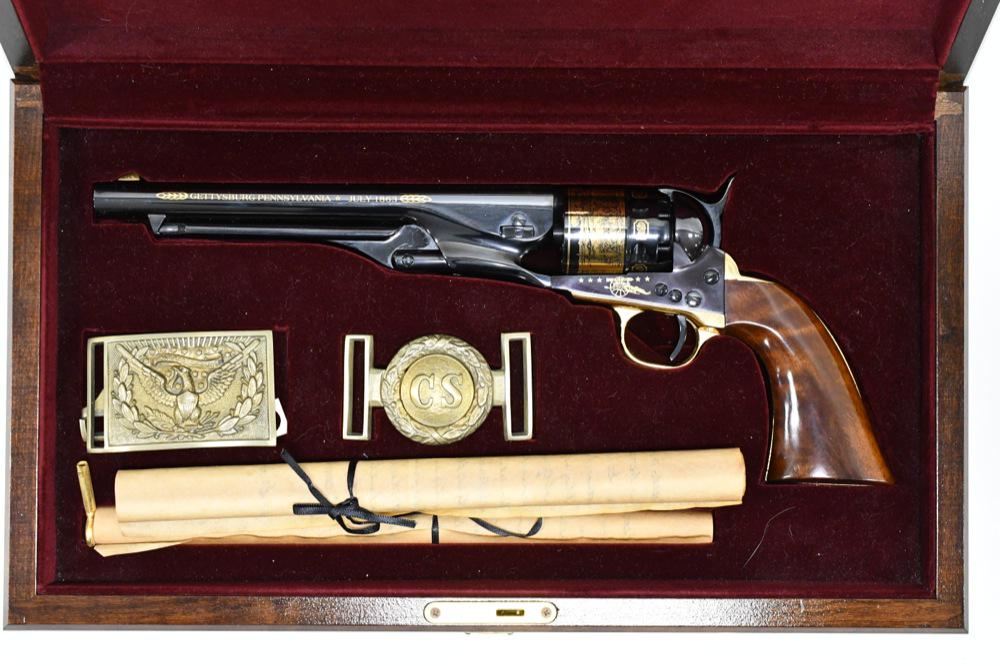 Uberti Colt Model 1860 Army "Gettysburg" Revolver: Beautiful America Remembers issue custom Italian A. Uberti Colt Model 1860 Army "Gettysburg 1863" black powder Revolver in .44 caliber. The limited edition revolver is in beautiful new condition in a 