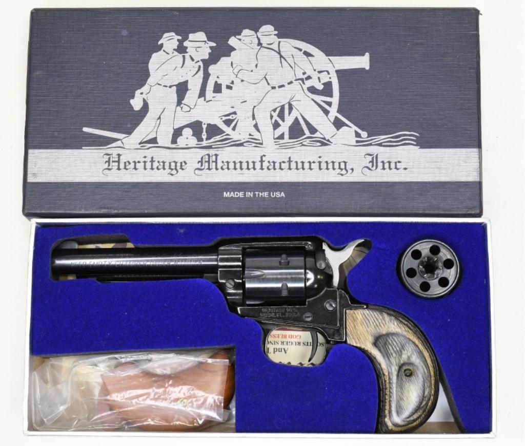 Heritage Mfg. Rough Rider .22 Cal. Revolver NIB: New in box Heritage Manufacturing Rough Rider .22 Caliber Six-Shot Revolver with 4" barrel. The blued revolver is in new condition in the original Heritage box with instructions, extra grips, and two 