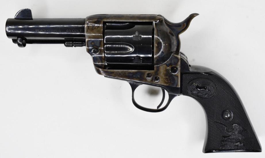 American Western Arms Peacekeeper 45 Colt Revolver: Nice American Western Arms Peacekeeper single action 6-Shot Revolver in .45 Colt. The revolver has a blue finish and is in nice condition with a 3.5" barrel. SN:P4982. FFL required for transfer. (282-