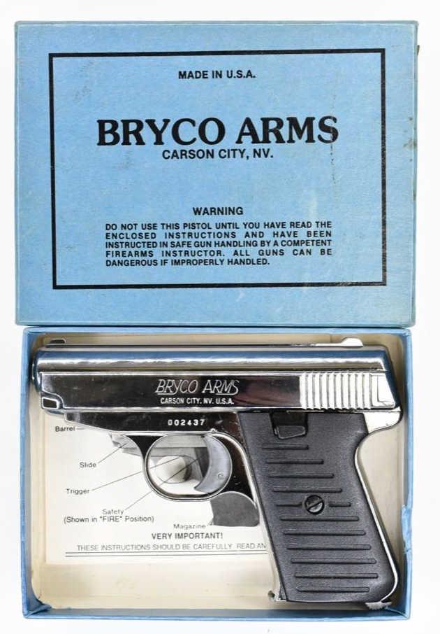 Bryco Arms Model 38 Semi-Automatic 380 Auto Pistol: In box Bryco Arms Model 38 semi-automatic pistol in .380 Auto. The pistol is in nice used condition with a 2.75" barrel, chrome finish, instructions, and original box. SN: 002437. FFL required for tra