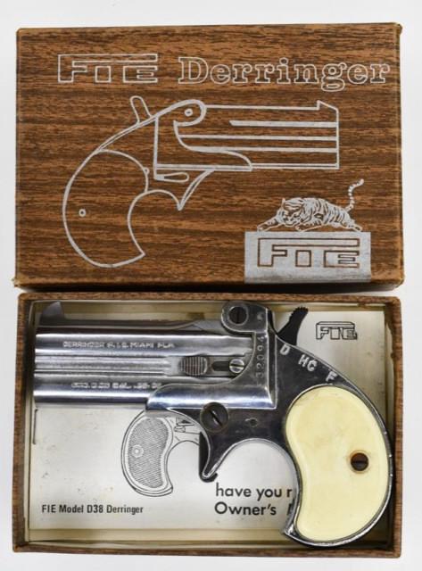 FIE Model D38C.38 Special Derringer In Box: In box FIE Model D38C two shot Derringer in .38 Special. The Derringer is in nice used condition with a 3" barrel, chrome finish, manual, and original box. SN: F32094. FFL required for transfer. (111-