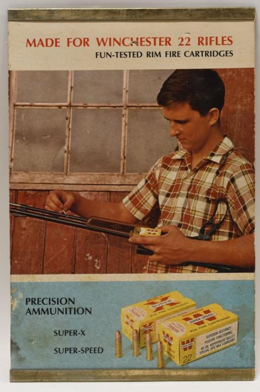 Vintage Winchester 22 Rifles Cardboard Adv Sign: Vintage Winchester 22 Rifles cardboard advertising sign. Fair condition with discoloration and wear from use and age. Measures approximately 19" tall by 12" across.