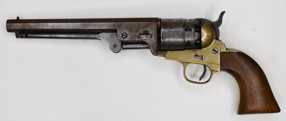 Italian Replica Colt Navy Black Powder Revolver: Italian made Replica Colt Navy black powder six-shot revolver in .44 caliber. The revolver has a 7.5" barrel and is in nice used condition. SN: A41496