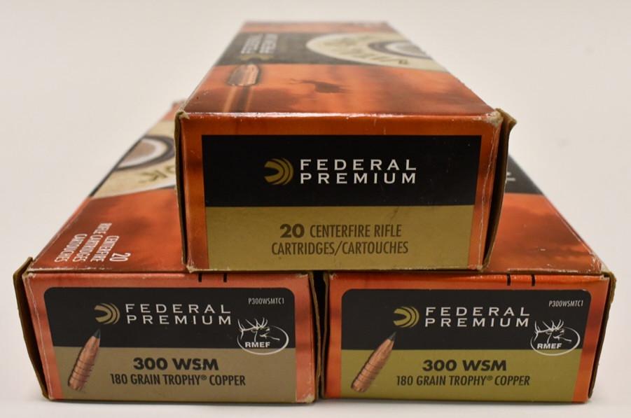 55 Rounds Of Federal 300 WSM Cartridges In Boxes: Lot of 55 rounds of Federal Premium 300 Winchester Short Magnum in 3 boxes. The cartridges are 180 grain Trophy Copper.