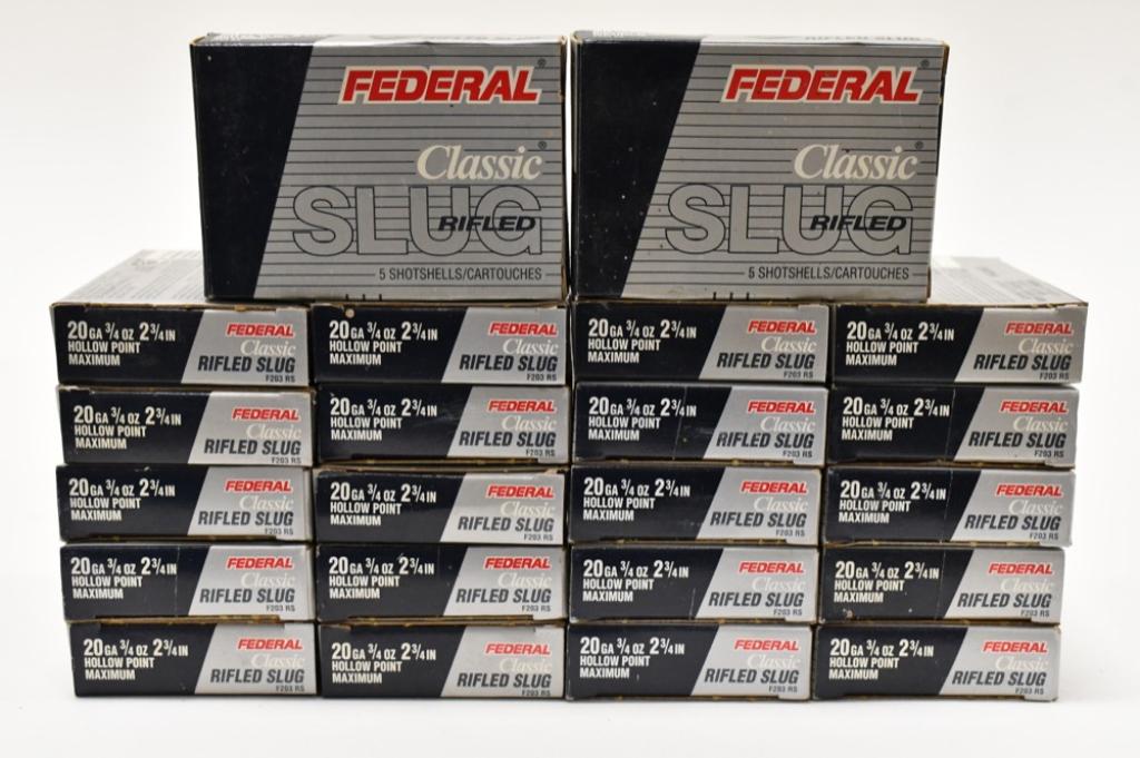 109 Federal Classic 20 GA Rifled Slug Shotshells: 109 Federal Classic 20 GA Rifled Slug Shotshells in 22 original boxes. The shotshells are 3/4 oz 2-3/4" hollow point.
