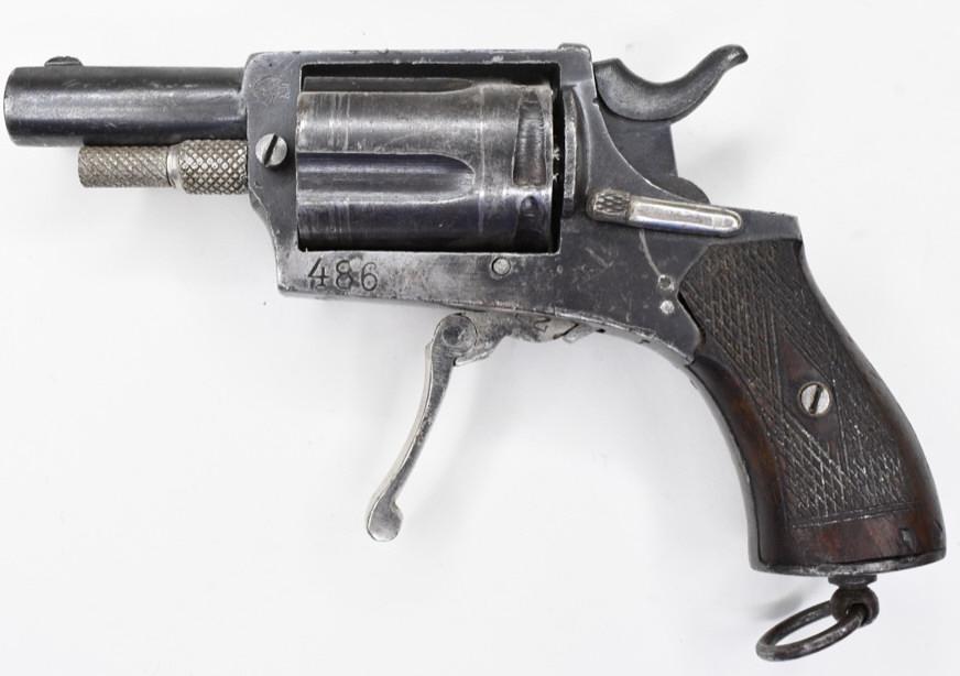 Antique European .22 Cal. 5-Shot Revolver: Nice antique European 5-Shot Revolver in .22 caliber. Has a 1.75" barrel, folding trigger, and wood grips.