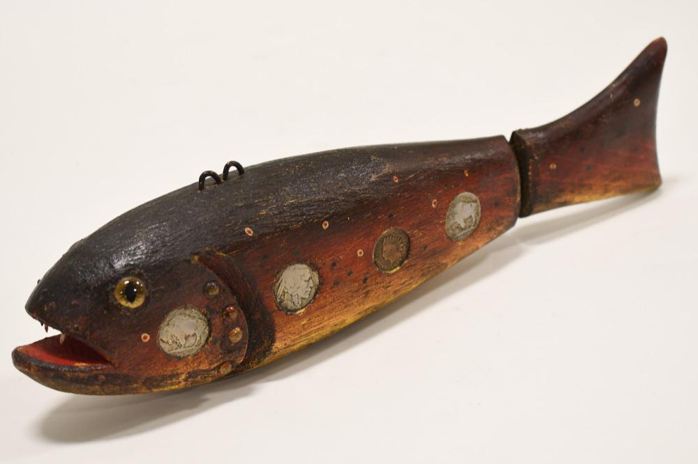 Carved Folk Art Trout Decoy By Duluth Fish Decoys: Intermediate-sized hand carved wooden folk art fishing weighted jointed trout decoy with glass eyes designed by David Perkins of (DFD) Duluth Fishing Decoys. Decoy is in nice condition, and displays v