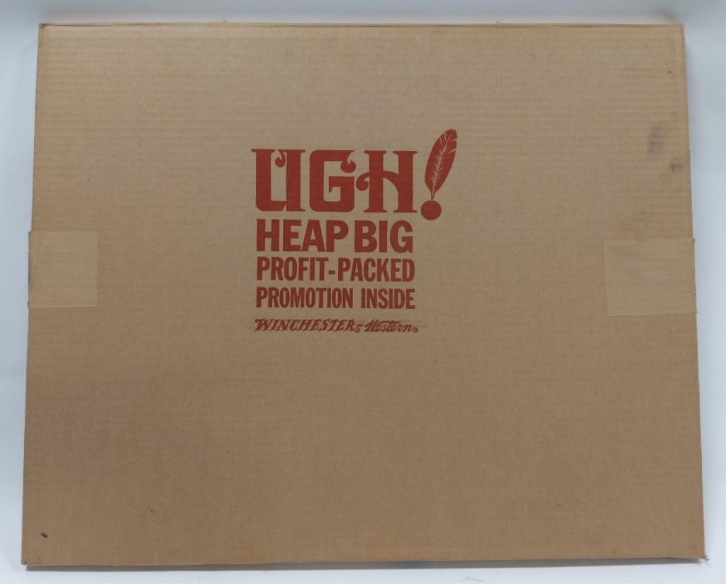 Sealed NOS Winchester Cardboard Indian Chief: Vintage sealed new old stock Winchester cardboard indian chief standee store display advertising sign. Sign is still sealed in original box. It is th esmae sign as shown in the previous lot (1345b). M