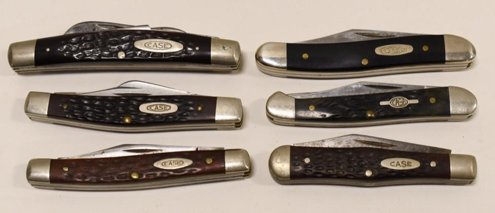 Vintage Case XX Folding Knife Lot Of 6: Lot of six vintage Case XX folding knives. Lot includes a Case XX model no. 22087 SS, no. 64052, no. 6344 SS, no. 6344Sp, and no. 62109X SS. Knives vary in age and condition. Largest measures approxim