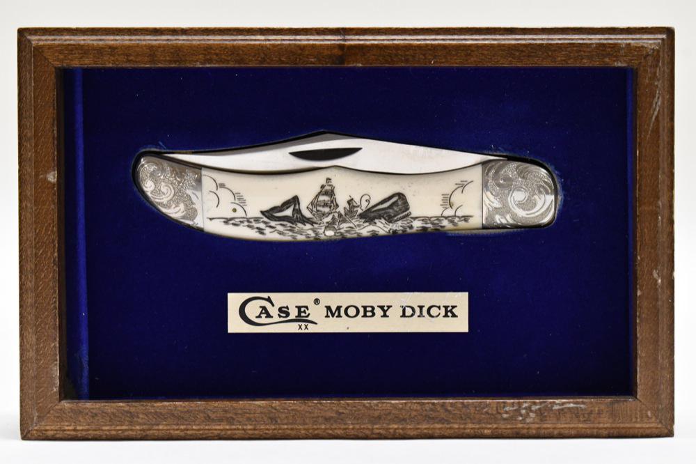 Case XX Moby Dick Folding Knife Shadow Box Display: Limited edition Case XX Moby Dick folding knife model no. W165 SAB SSP in original Case shadow box display. Displays well with hand carved scrimshaw bone handle. Overall the shadow box measures approx