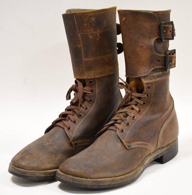 WWII Era US Military Goodyear Combat Boots: Nice pair of WWII era US military leather combat boots. Both are marked Size 8C, and have Goodyear soles. Both are in good condition with wear from use and age. The left boot does have a hole in the s