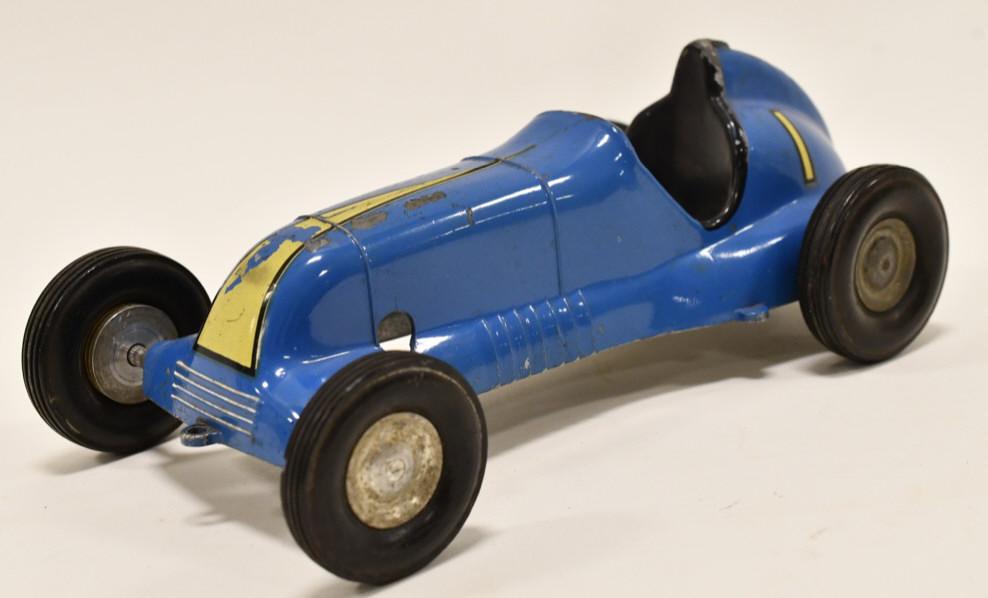 L.M. Cox Thimble Drome Special #1 Racer: Thimble Drome Special #1 blue race car by the L.M. Cox Mfg. Company. Car displays nicely with paint loss and wear from play and age. Measures approximately 8 1/4" long.