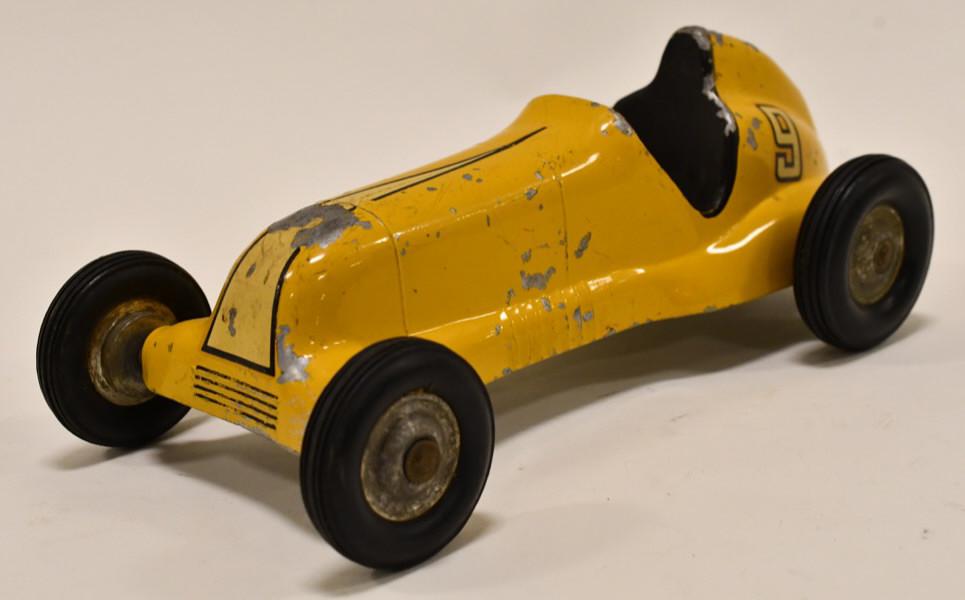 L.M. Cox Thimble Drome Special #9 Racer: Thimble Drome Special #9 yellow race car by the L.M. Cox Mfg. Company. This is the push model of this car. Displays nicely with paint loss and wear from play and age. Measures approximately 8 1/4" lon