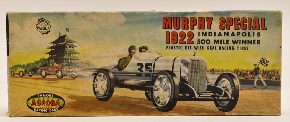 Aurora Murphy Special 1922 Indy Winner Model Kit: Aurora Murphy Special 1922 Indianapolis 500 winner plastic model kit with rubber tires. Comes with the original box and the instructions. The box displays very nicely with great graphics.