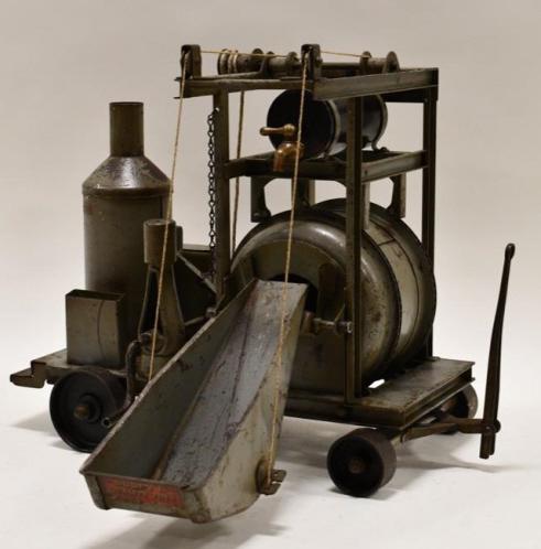 Buddy L Concrete Mixer #280: Original Buddy L concrete mixer pressed steel pull toy. Displays nicely with original patina. Has paing loss and wear from play and age. The cranks appear to be in working order. Overall measures appr