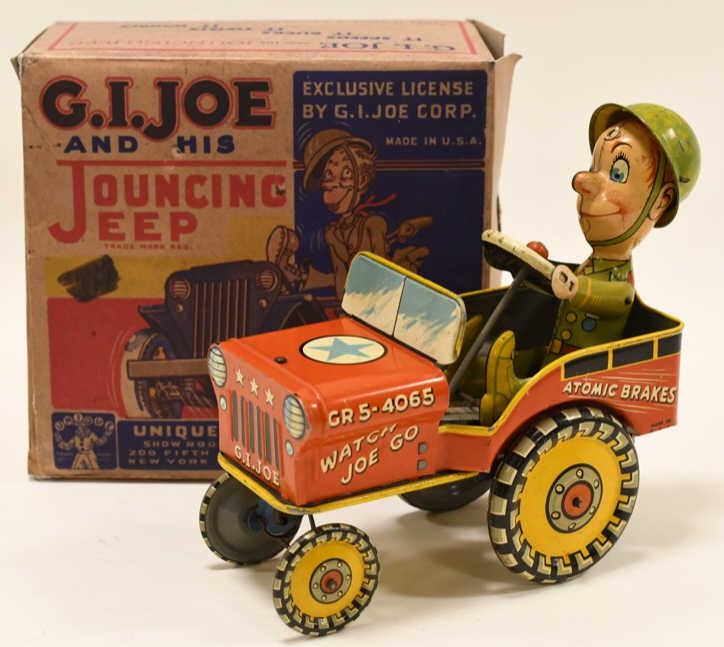 Unique Art Tin Windup G.I. Joe & His Jouncing Jeep: Nice Uniquie Art tin litho windup G.I. Joe and His Jouncing Jeep. The box is a reproduction. The jeep displays nicley with some paint loss and wear from play and age. The windup mechanism works, but i