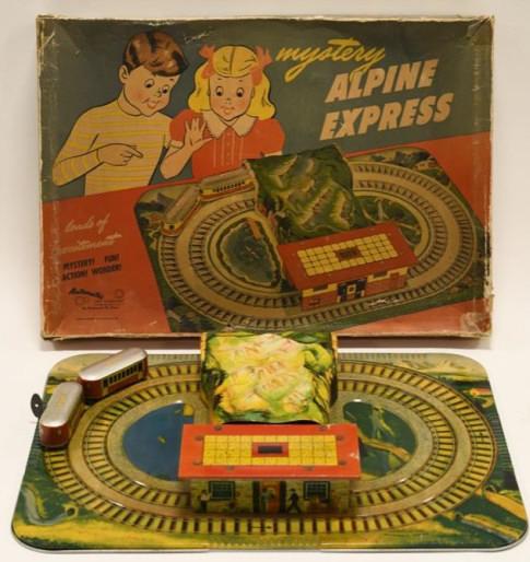 Automatic Toy Co Mystery Alpine Express Tin Windup: Nice tin windup Automatic Toy Company Mystery Alpine Express in the box. Box has some tape and wear fom age. Displays nicely with great color and graphics. The Alpine Express is in nice condition with