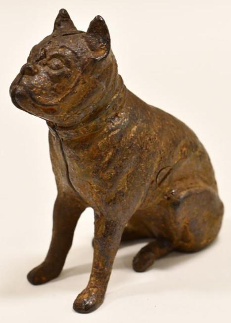 Early AC Williams Cast Iron Sitting Boxer Dog: Early A.C. Williams cast iron sitting boxer bank. Displays nicely with wear from age and use. Measures approximately 5 1/4" long.