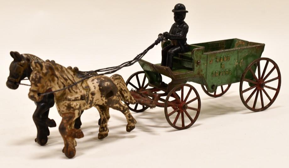 Cast Iron Kenton Horse Drawn Sand & Gravel Trailer: Early cast iron Kenton horse drawn sand and gravel dump trailer. Displays nicely with working dump lever, embossed sand & gravel with gold lettering, and cast iron driver. Overall measures approximate