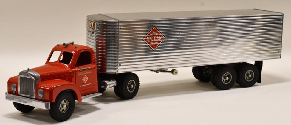 Fred Thompson Smith Miller B Mack McLean Semi: Fred Thompson Smith MIller B Mack private label McLean semi truck with trailer. Displays nicely with wear from storage and display. Limited edition #17 of 100. Overall measures approximately 26" long.