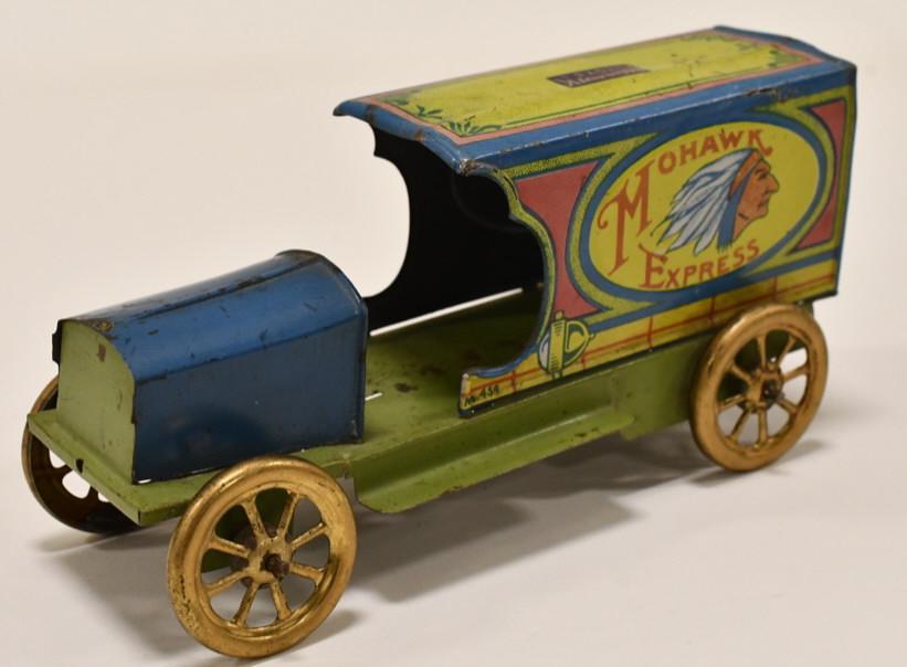 Mohawk Toys Tin Litho Mohawk Express Truck: Mohawk Toys tin litho Mohawk Express truck no. 459. Displays nicely with some paint loss and wear from play and age. Measures approximately 7 1/2" long.