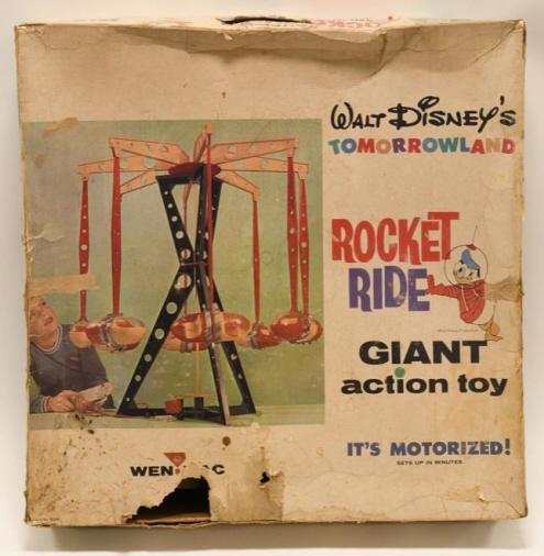 Wen Mac Walt Disney's Tomorrowland Rocket Ride: Nice motorized Wen Mac Walt Disneys tomorrowland rocket ride giant action toy with the box. Box has wear and tear from age. Toy is untested. Appears to be complete, but hasn't been put together.
