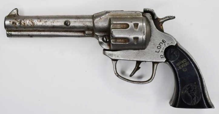 Kilgore Lone Ranger Cap Gun Pistol: Kilgore Lone Ranger cap gun pistol. Displays well with the black Hi-Yo Silver grips. The trigger works. Displays nicely with wear from play and age. Measures approximatley 8 1/2" long.