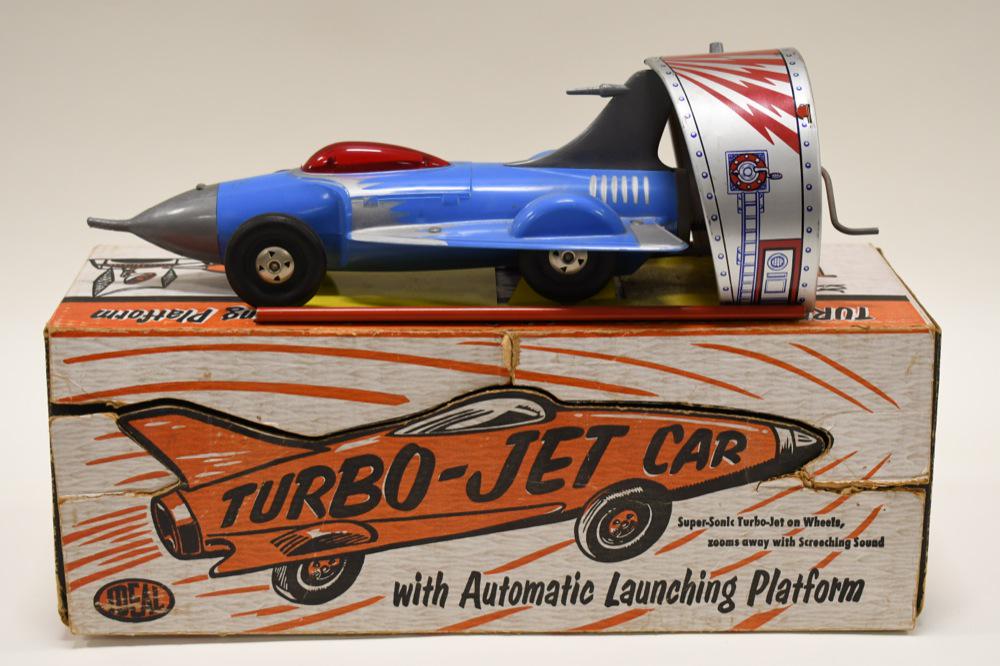 Ideal Turbo-Jet with Automatic Launching Platform: Ideal Turbo-Jet with automatic launching platform in original box. Displays nicely with some wear from age and play. The launching platform works. The car is made of hard plastic, and the platform is