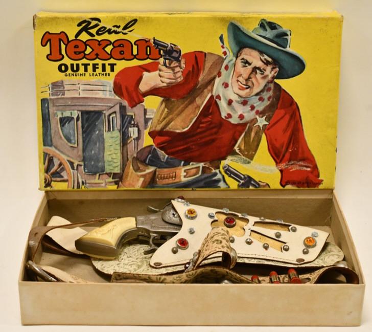 Real Texan Outfit w Texas Ranger Cap Gun & Holster: Real Texan Outfit by Smart Style Products. The Texas Ranger cap gun pistol displays well with light wear from age The fancy jeweled leather holster is in nice condition with some corrosion and wear fr